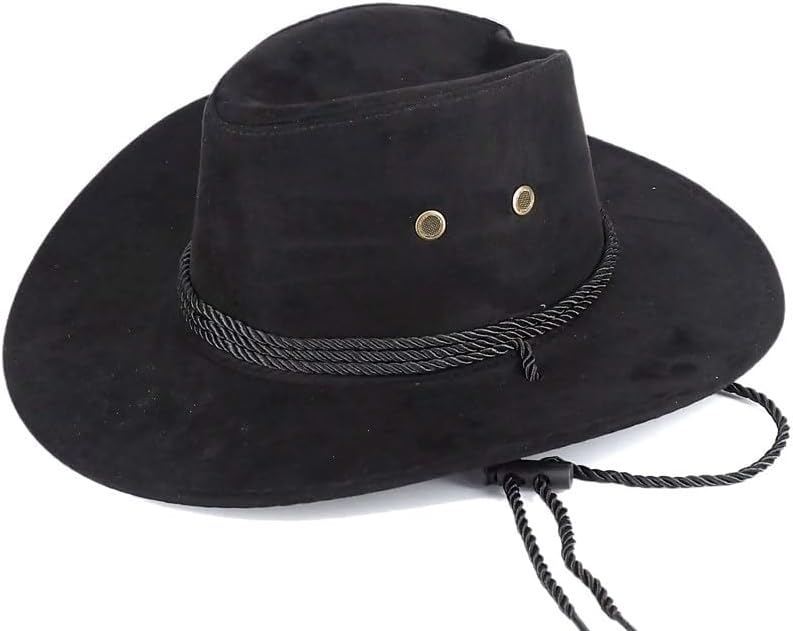 Mrlahat Cowboy Faux Felt Western Hat Fedora Outdoor Wide Brim Hat with Chin Strap