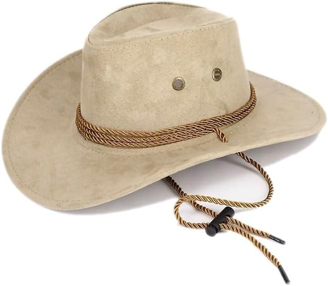 Mrlahat Cowboy Faux Felt Western Hat Fedora Outdoor Wide Brim Hat with Chin Strap
