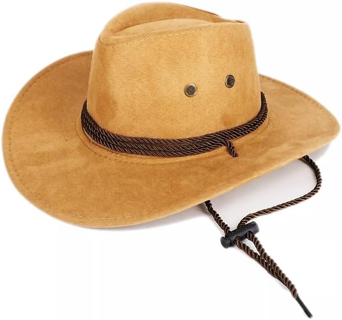 Mrlahat Cowboy Faux Felt Western Hat Fedora Outdoor Wide Brim Hat with Chin Strap