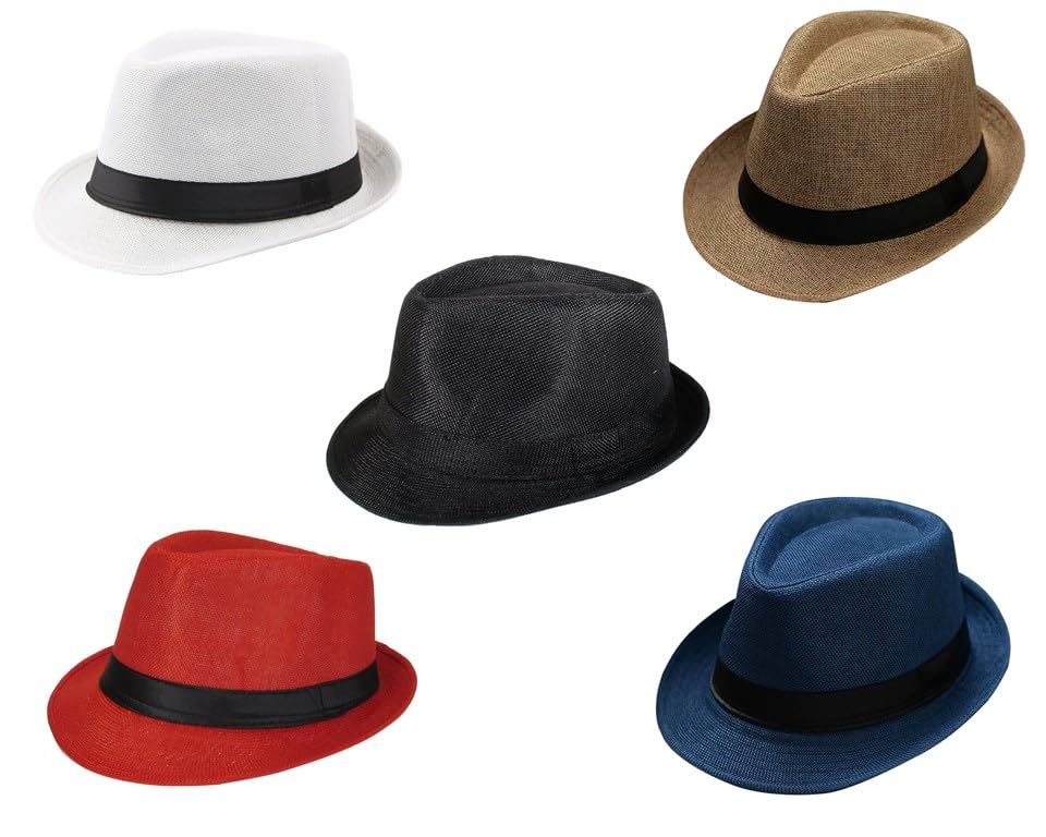 Mrlahat 5 Pcs Unisex Classic Trilby Fedora Casual Short Brim Structured Gangster Panama Hat